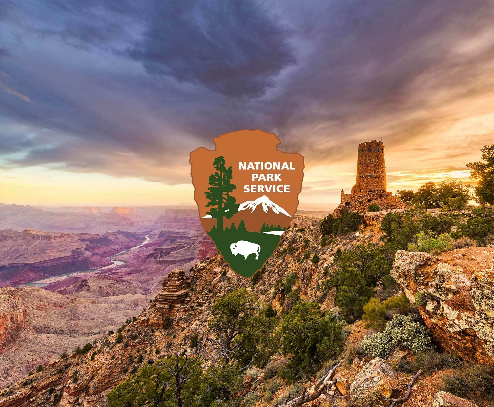 National Park Service Arrowhead Logo with Grand Canyon Scenic Imagery